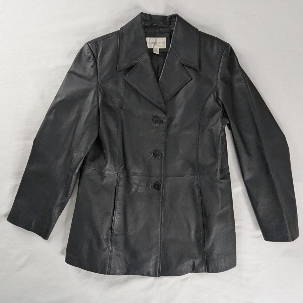 VTG Black Leather Classic Button Front Collared Jacket Whimsygoth 90s Y2k
